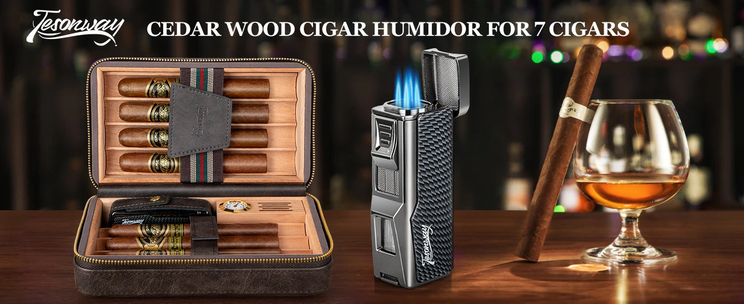 CEDAR WOOD CIGAR LEATHER Travel Humidor Cigar Case&Cigar LIGHTER