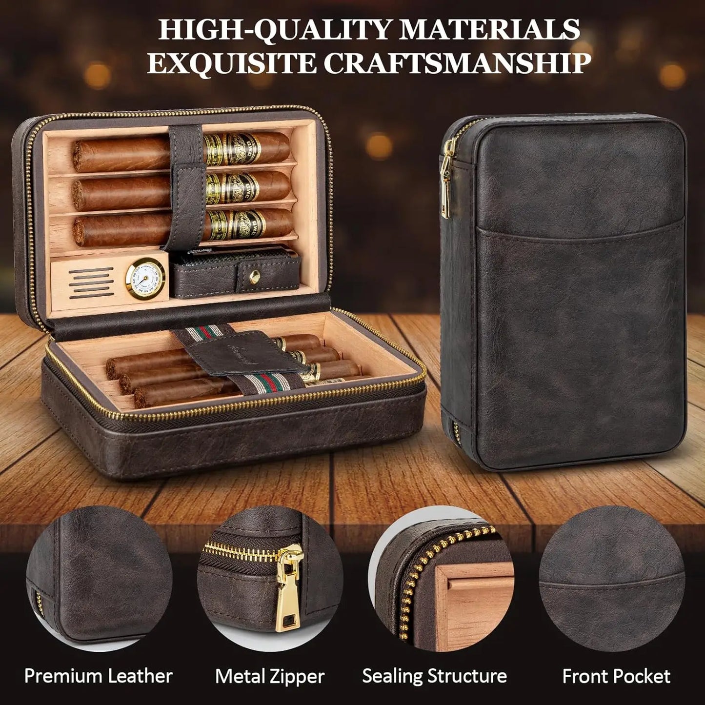 CEDAR WOOD CIGAR LEATHER Travel Humidor Cigar Case&Cigar LIGHTER
