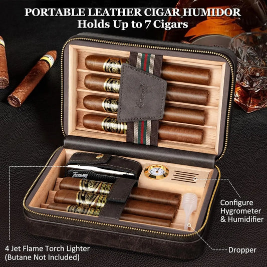 CEDAR WOOD CIGAR LEATHER Travel Humidor Cigar Case&Cigar LIGHTER